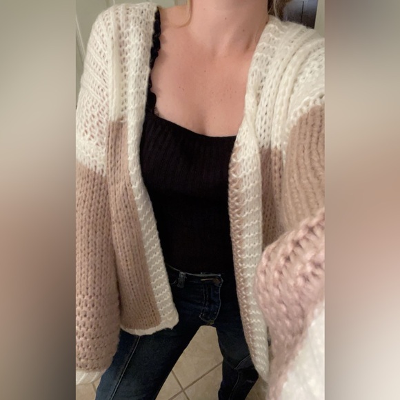 🆕🌿🤍KYE MI: Mauve Color Blocked Chunky Knit Oversized Cardigan SMALL - Picture 7 of 10